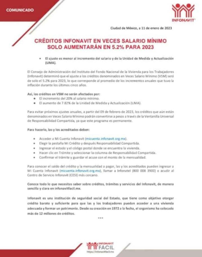 Comunicado: Créditos INFONAVIT en VSM (Veces Salario Mínimo) solo aumentarán en 5.2 % para 2023